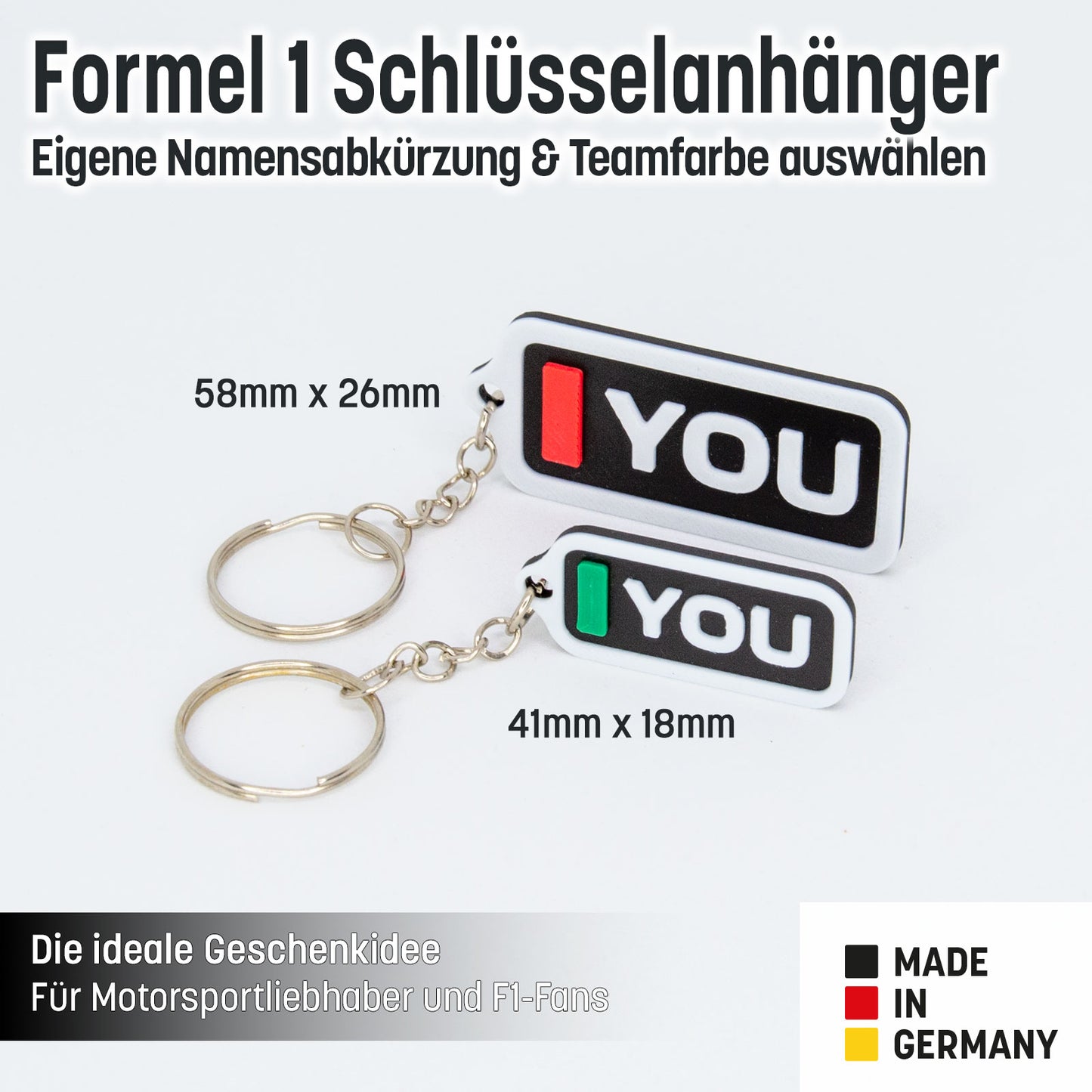 F1 Schlüsselanhänger personalisiert – Initialen, Teamfarbe & Carbon-Look – Geschenk Motorsport