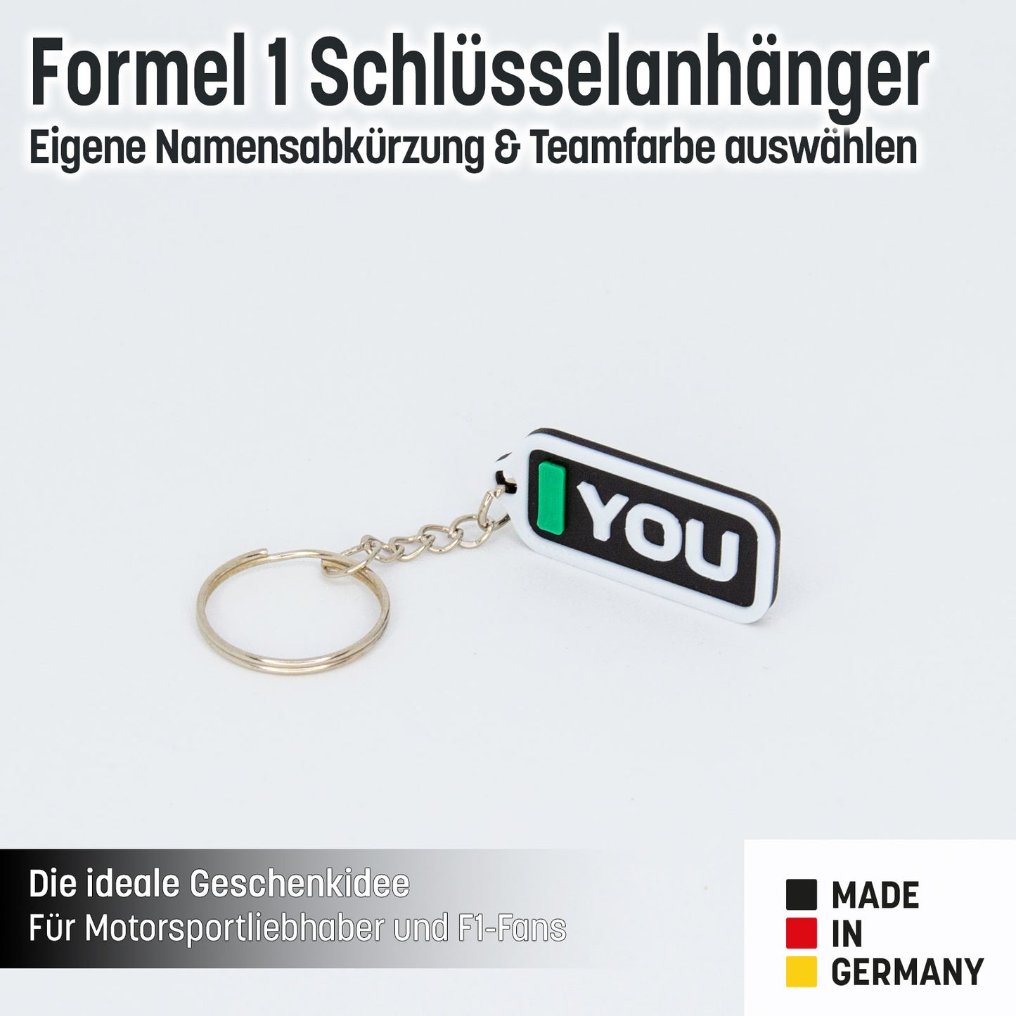 F1 Schlüsselanhänger personalisiert – Initialen, Teamfarbe & Carbon-Look – Geschenk Motorsport