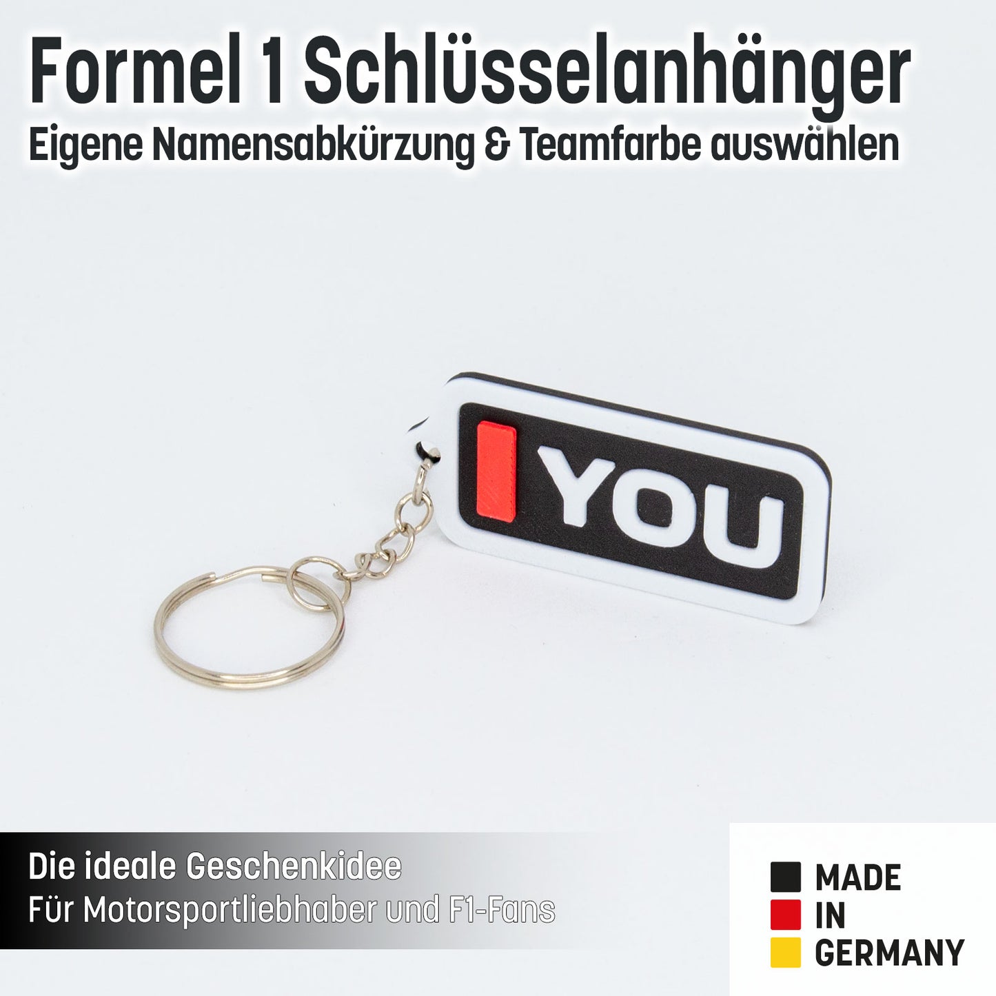F1 Schlüsselanhänger personalisiert – Initialen, Teamfarbe & Carbon-Look – Geschenk Motorsport