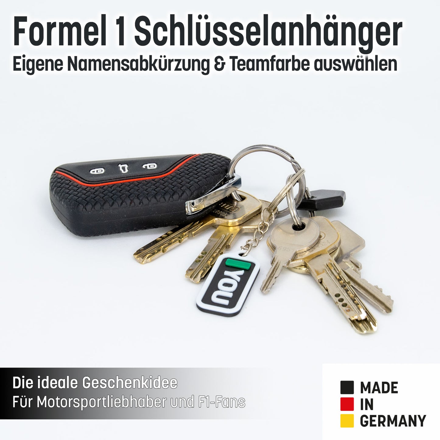 F1 Schlüsselanhänger personalisiert – Initialen, Teamfarbe & Carbon-Look – Geschenk Motorsport