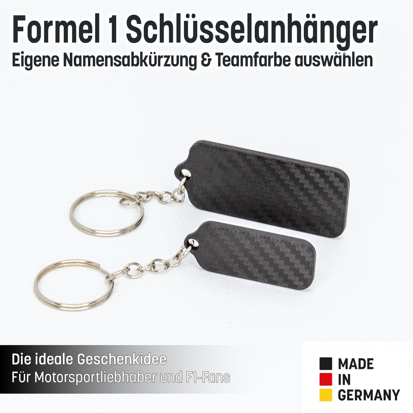 F1 Schlüsselanhänger personalisiert – Initialen, Teamfarbe & Carbon-Look – Geschenk Motorsport